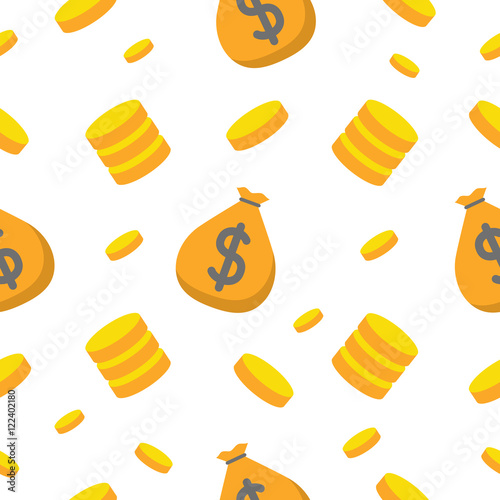Money and Finance Seamless Pattern with Coins and Money Bag. Vector background