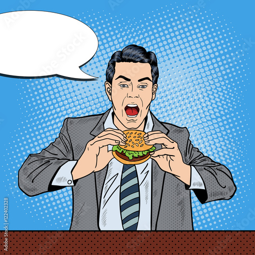 Pop Art Business Man Eating Tasty Burger at Work. Vector illustration