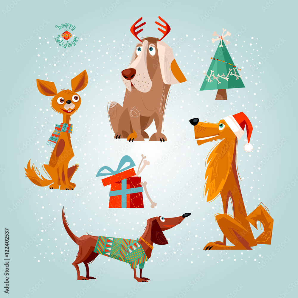 Fototapeta premium Holiday for dogs. Four dogs and gift box with bones. Christmas greeting card. 