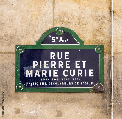 Photography Rue Pierre et Marie Curie - old street sign in Paris