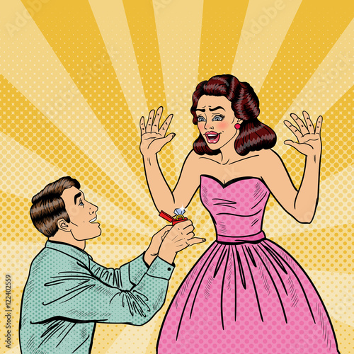 Pop Art Man Doing Marriage Proposal to his Girlfriend with Wedding Ring. Vector illustration
