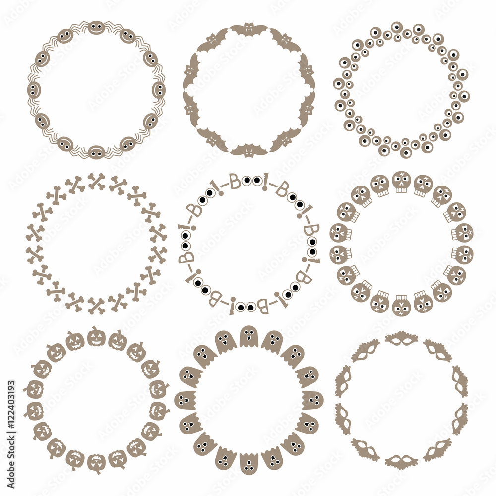 Cute beige Halloween circle border pattern emblems set on white Cute beige Halloween circle border pattern emblems set on white