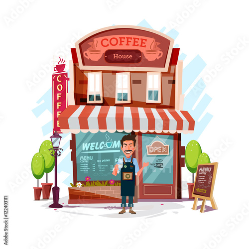  coffee house with barista man. Facade of a coffee shop store or