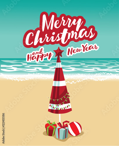 Merry Christmas and a Happy New Year in a warm climate design. Beach umbrella Christmas tree with gifts at the beach. EPS 10 vector.