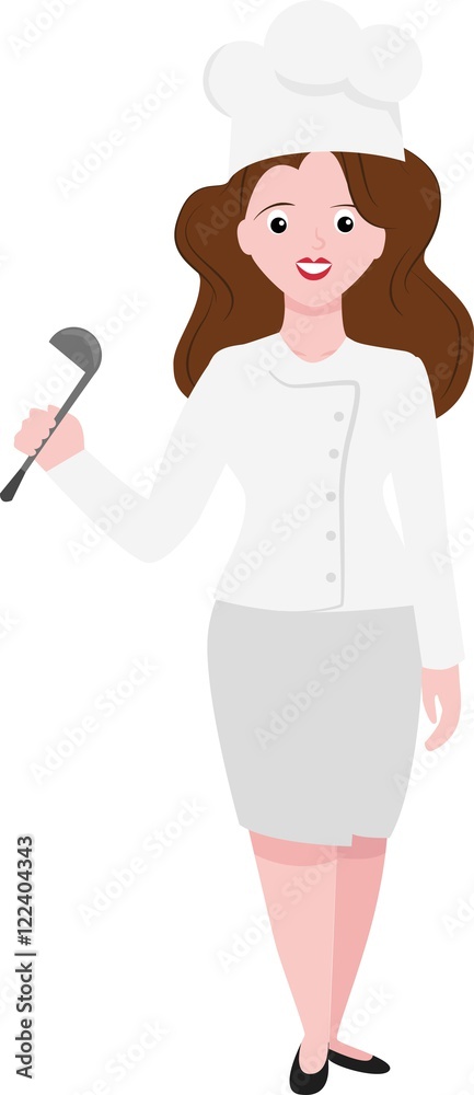 Female cook. Cartoon funny woman chef with kitchen spoon.