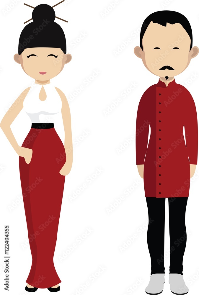 Japanese family. Cartoon japan couple in traditional dresses.