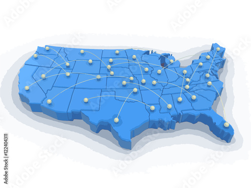 Map of USA with flight paths. Image with clipping path.