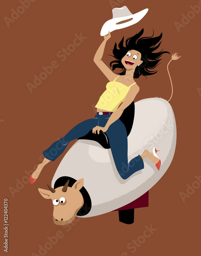 Excited young woman with a cowboy hat riding a mechanical bull, EPS 8 vector illustration