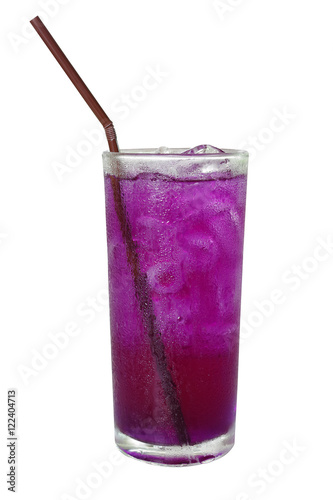 Iced butterfly pea lemonade with straw and water drops condensed