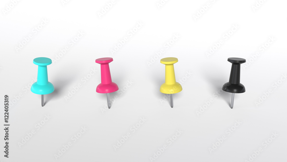 A Line of CMYK Push pins on a neutral white surface. A Line of CMYK Push pins on a neutral white surface.
