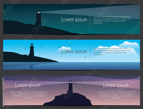 Lighthouse on the rock with sea banners set. Landscape 