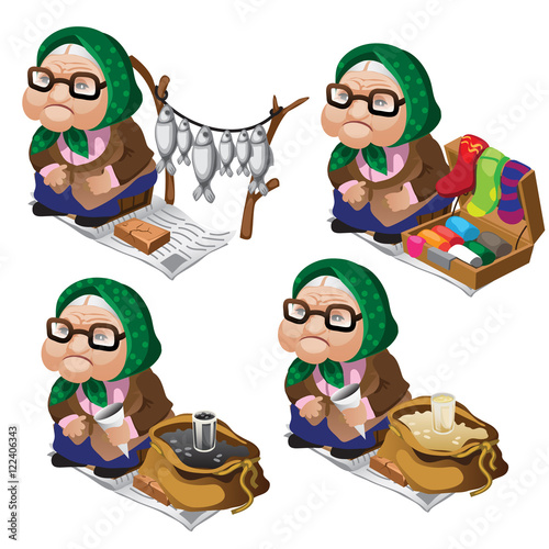 Old women engaged in street vending. Vector