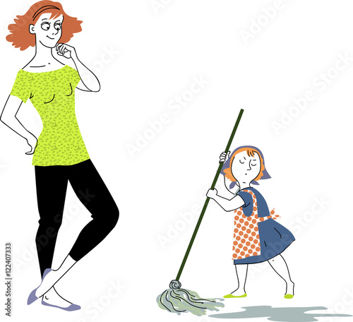 Happy woman looking at a little girl, mopping the floors, EPS 8 vector illustration