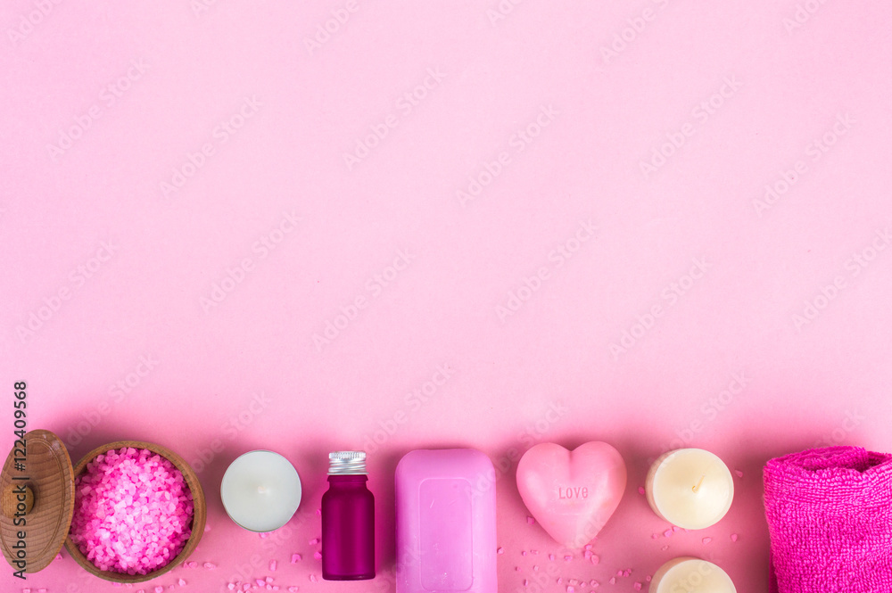 Pink spa set. On a pink background.