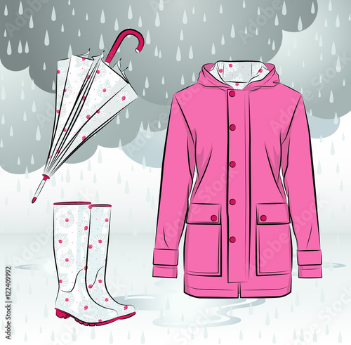 Women rain boots, jacket and umbrella with floral pattern