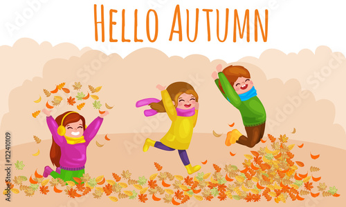 Kids playing with autumn leaves.Girl  throws up autumn leaves. hello autumn illustration