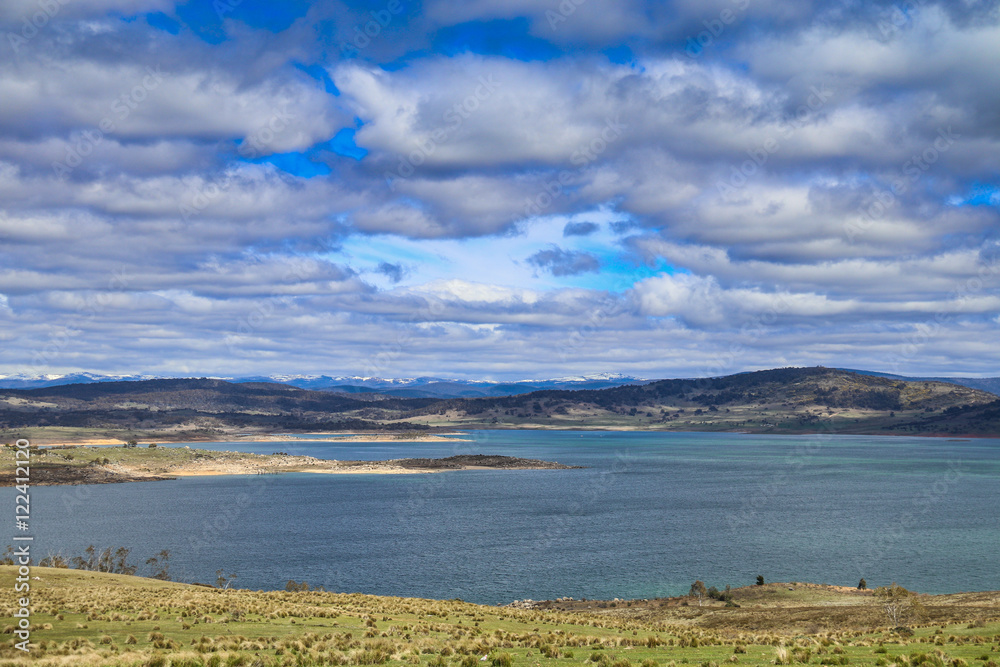 Eucumbene dam looking out to snowfields