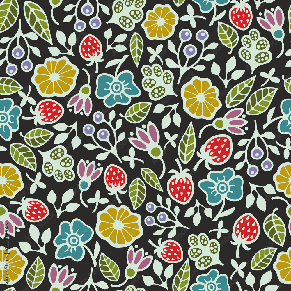 Seamless pattern with plants and flowers on the dark background.
