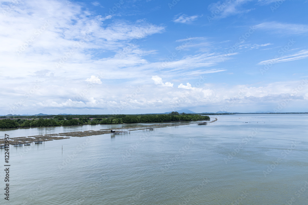 Landscape of river/lake and forest with blue sky background in Thailand