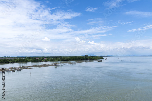 Landscape of river lake and forest with blue sky background in Thailand