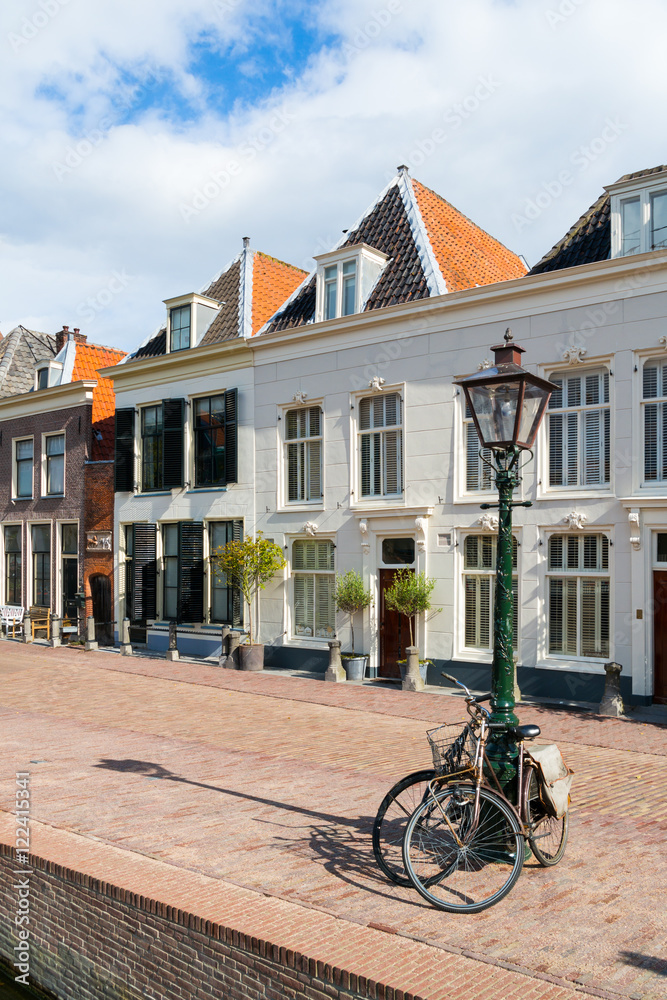 Lamppost and historic gables on Stille Rijn quay in old town of Leiden, South Holland, Netherlands