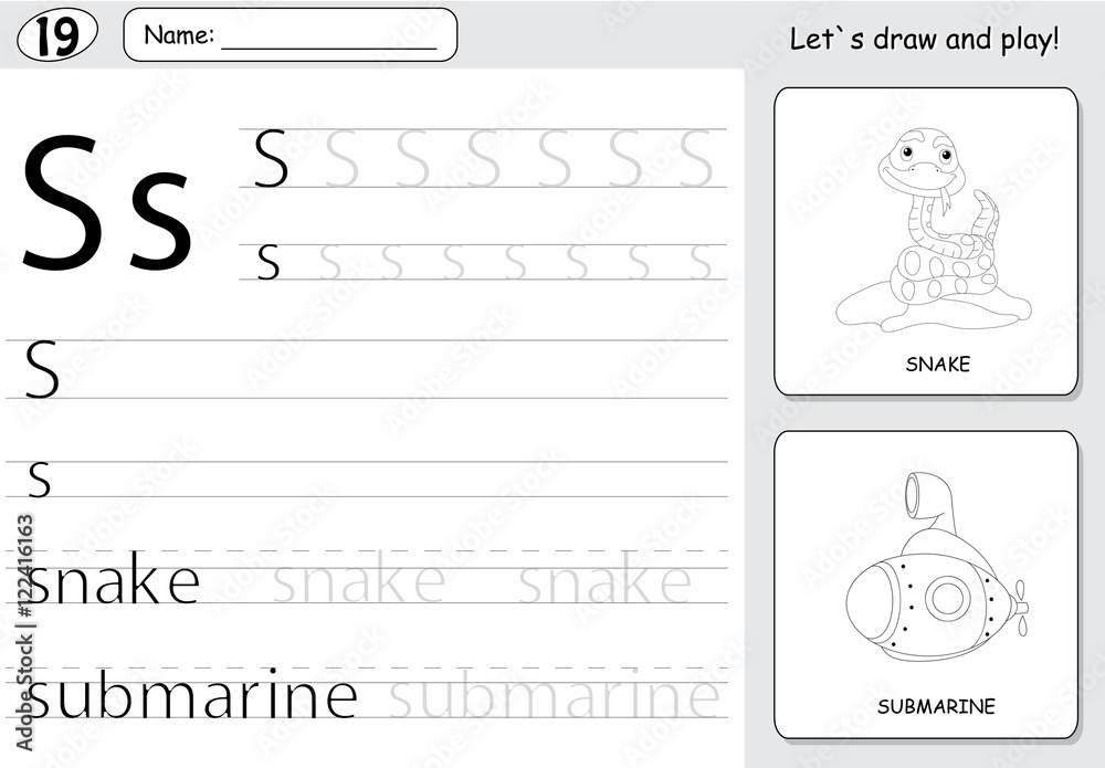 Cartoon snake and submarine. Alphabet tracing worksheet: writing Stock ...