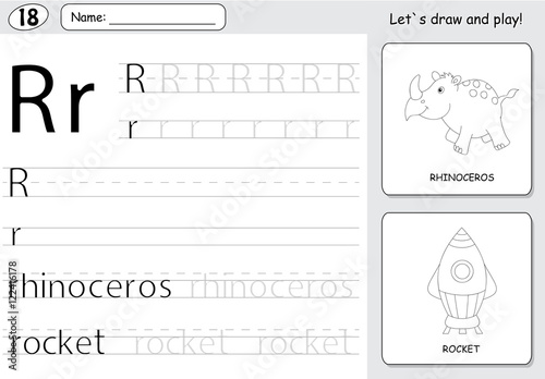 Cartoon rhinoceros and rocket. Alphabet tracing worksheet: writi