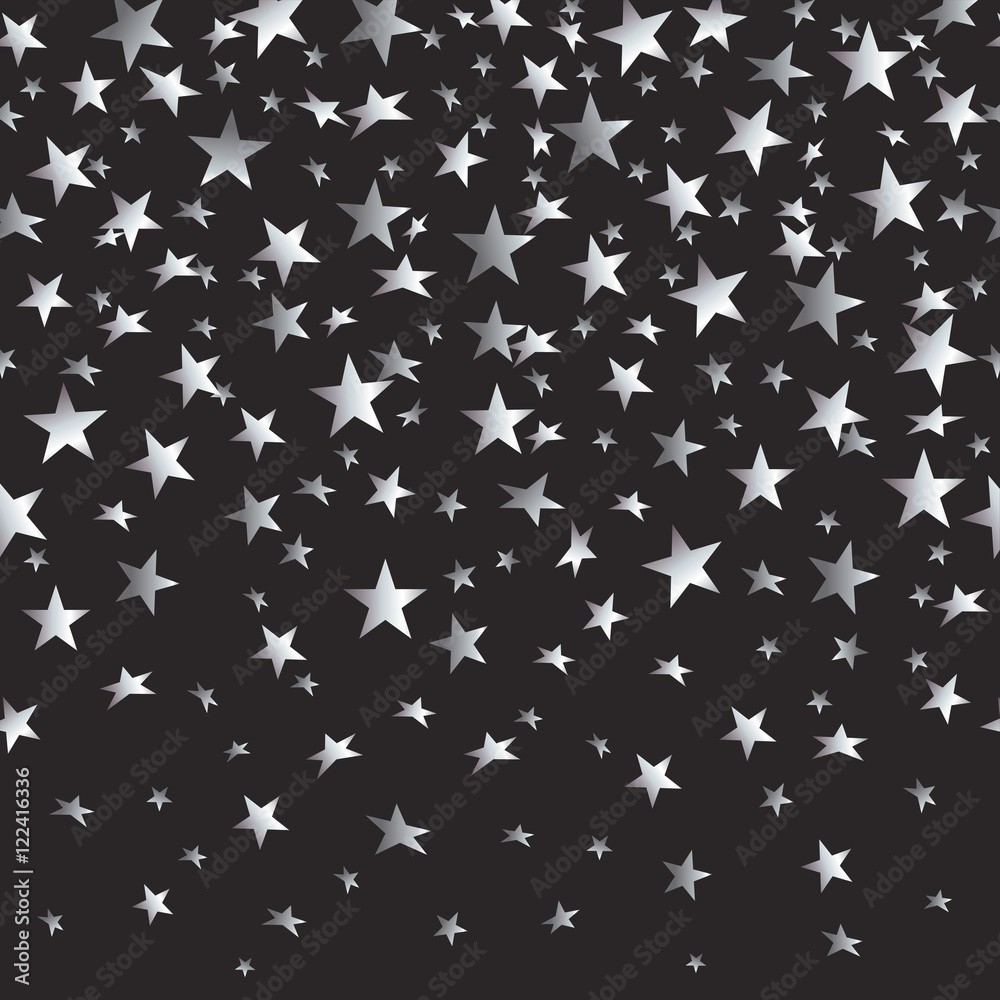 Naklejka premium Silver stars with a gradient on a black seamless background. Vector illustration with a clipping mask.