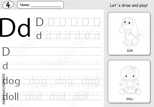 Cartoon dog and doll. Alphabet tracing worksheet: writing A-Z an
