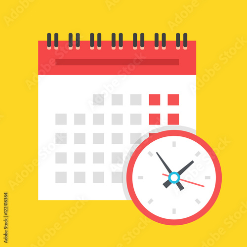 Vector calendar and clock icon. Schedule, appointment, important date concept. Modern flat design illustration isolated on yellow background