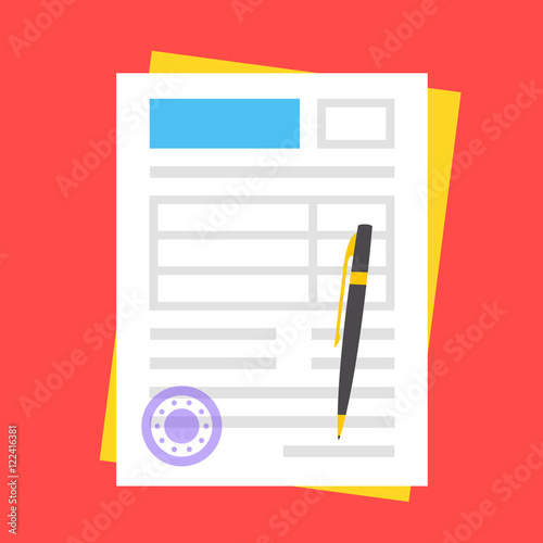 Vector form, round stamp and pen. Filling documents concept