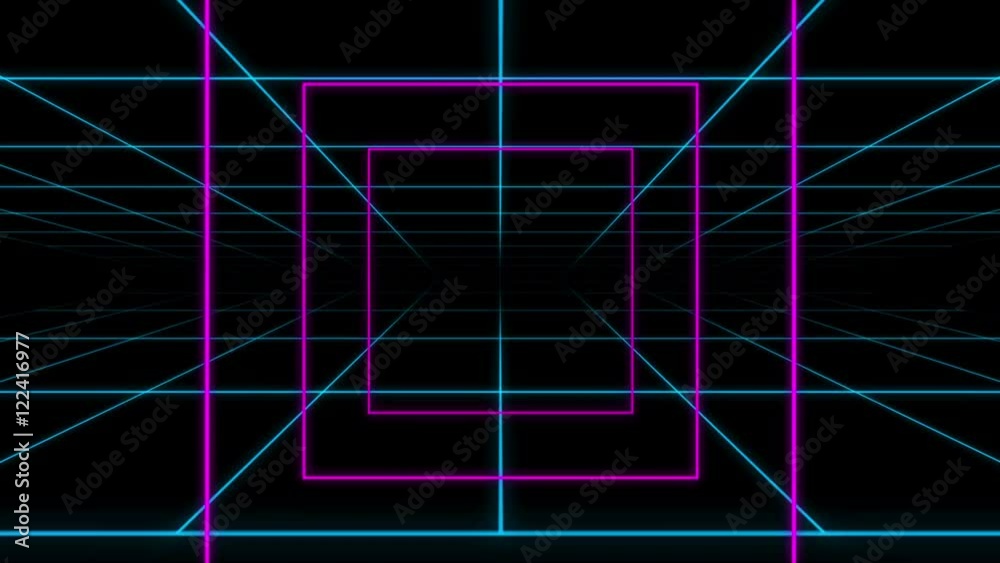 A looping thin line grid animation with forced perspective background.