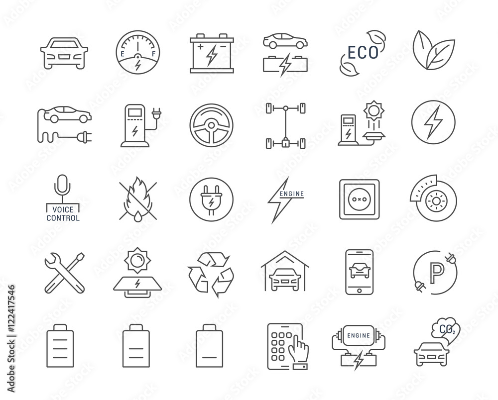 Set Vector Flat Line Icons Electric Cars Set Vector Flat Line Icons Electric Cars