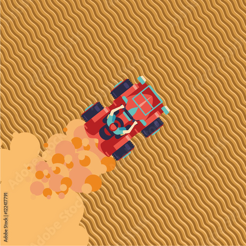 Quad bike top view. ATV biker riding on desert.