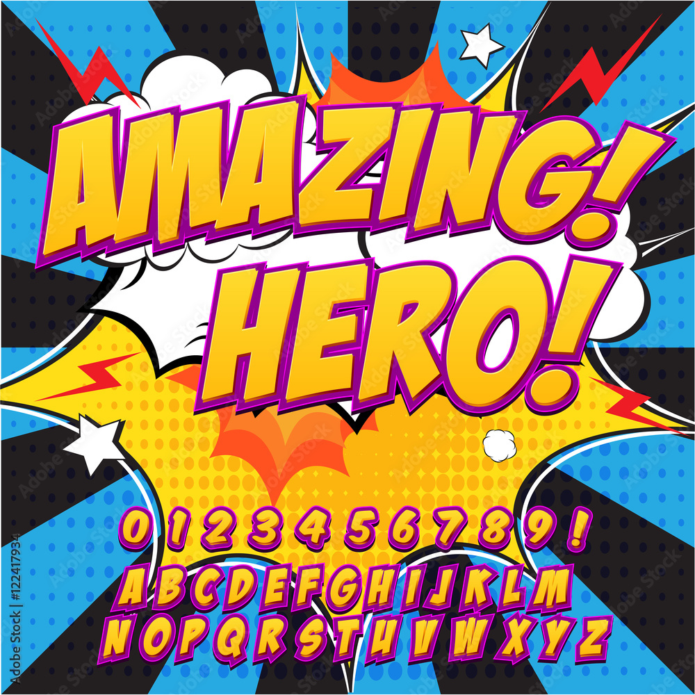 Creative high detail comic font. Alphabet in the style of comics, pop art. Letters and figures for decoration of kids Creative high detail comic font. Alphabet in the style of comics, pop art. Letters and figures for decoration of kids
