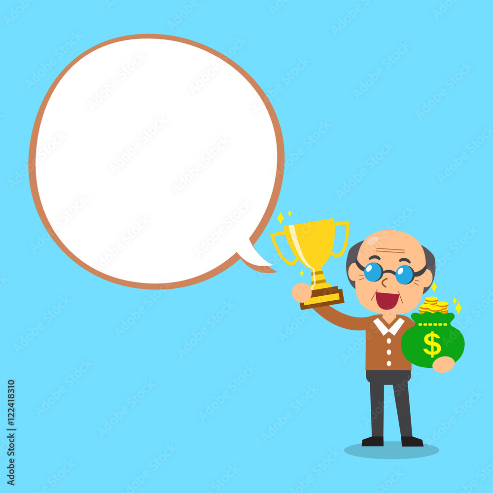 Senior man holding trophy and money bag with white speech bubble Senior man holding trophy and money bag with white speech bubble