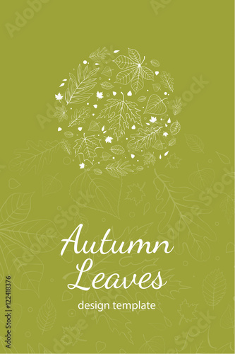 Autumn leaves postcard design template white outline on green