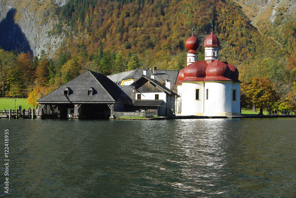 Sankt Bartholomä from the Königssee, near Berchtesgaden Sankt Bartholomä from the Königssee, near Berchtesgaden