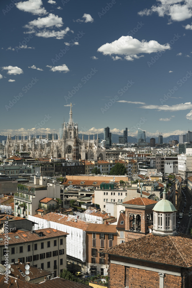 Milano, 2016 panoramic skyline with clear sky and Italian Alps