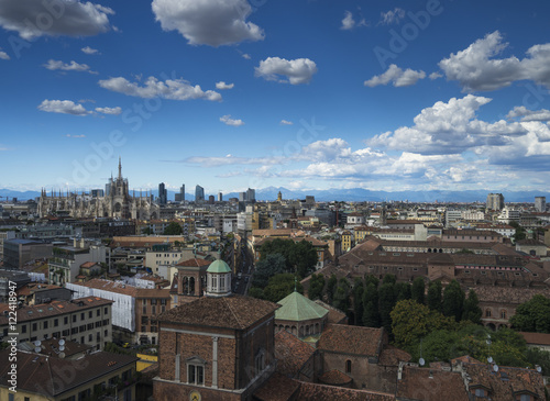 Milano, 2016 panoramic skyline with clear sky and Italian Alps