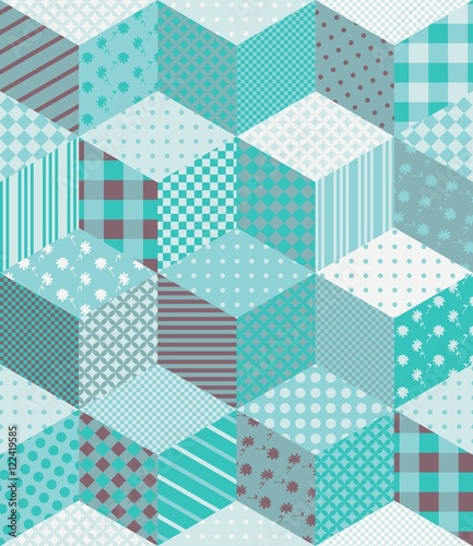 Winter seamless patchwork pattern in aquamarine tones. Vector background.