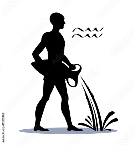 Icon Aquarius or Water Bearer - zodiac horoscope, vector, illustration, silhouette of a man pouring water from amphora, symbol of month February. Detailed, spray, splash, isolated on background.