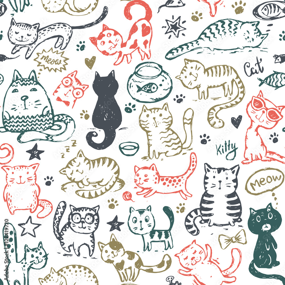 Vector seamless pattern with hand draw funny cats in sketch style