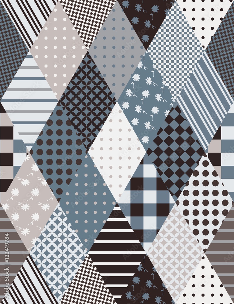 Original seamless patchwork pattern from rhombus elements on gray tones. Beautiful quilt. Vector background. Original seamless patchwork pattern from rhombus elements on gray tones. Beautiful quilt. Vector background.