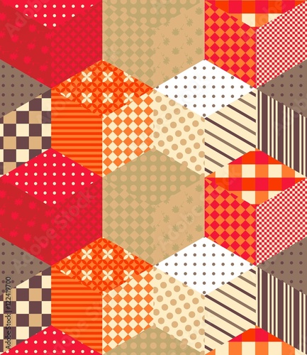 Cute seamless patchwork pattern with colorful cubes. Quilt. Endless vector background in warm tones.