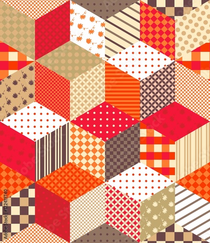 Cute colorful vector background with cubes and stars. Seamless patchwork pattern on warm tones. Can be used for textile, paper, wallpaper, wrapping, bedding, tablecloth, websites and other.