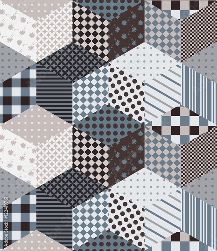 Seamless patchwork pattern in gray tones. Vector background with cubes from patches.