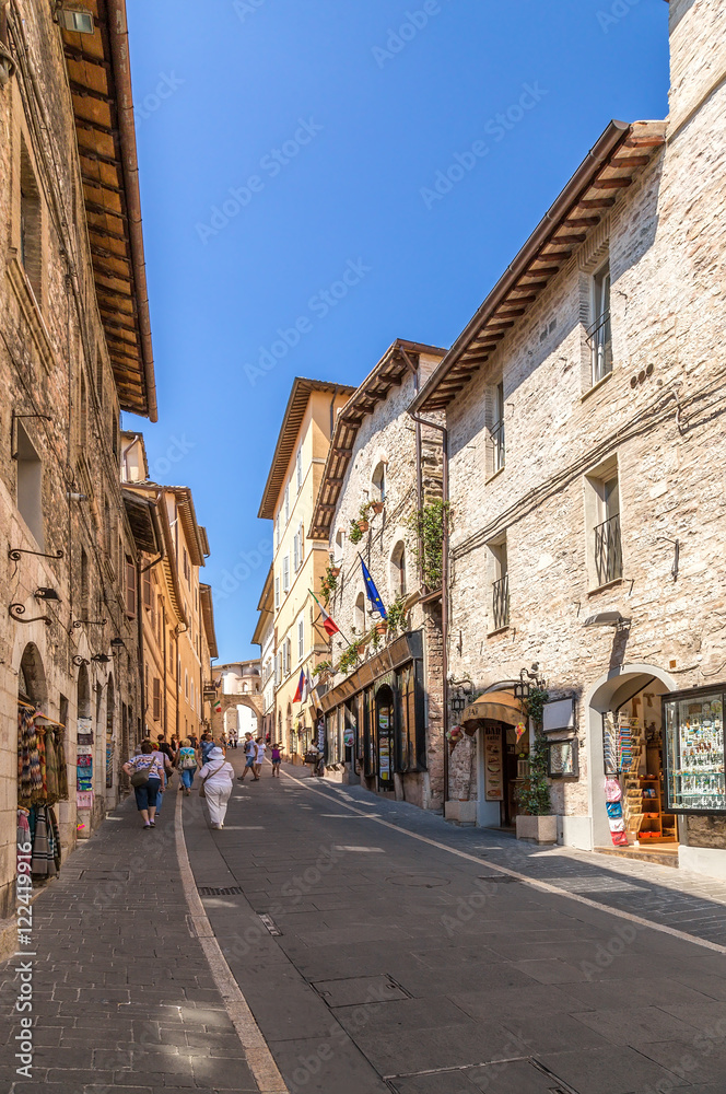 Assisi, Italy. Colorful medieval Via San Francisco