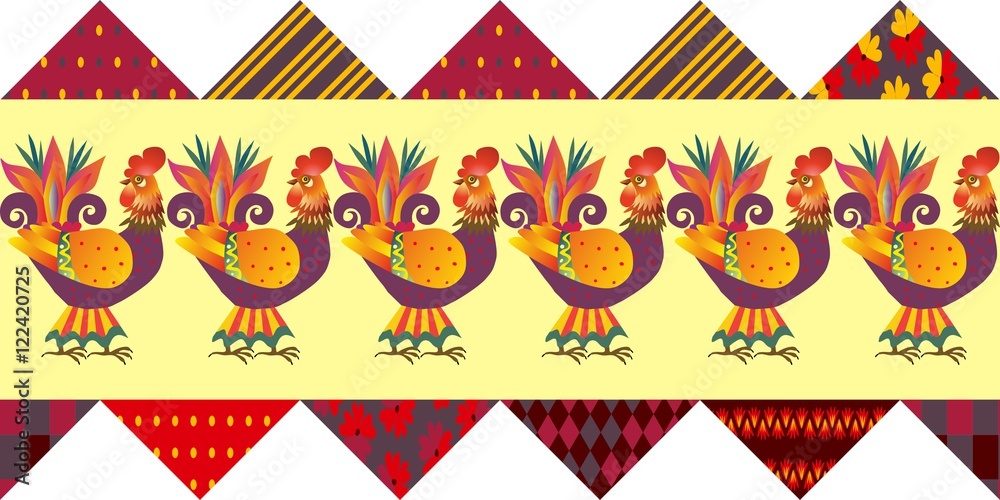 Beautiful border with cute cartoon cock and triangular patches. Chinese year of the Rooster. 2017. Festive background. Print for fabric.