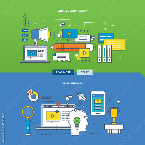 Concept of education, online learning with video communication and  tutorial.